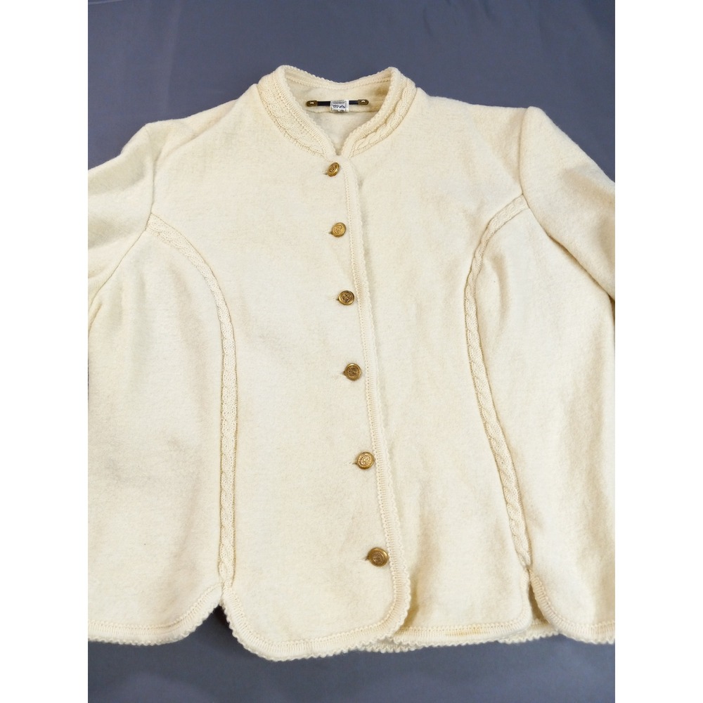 VTG Pure New Wool Cream Gold Crest Button Cable Trim Jacket Sz L / EU 46